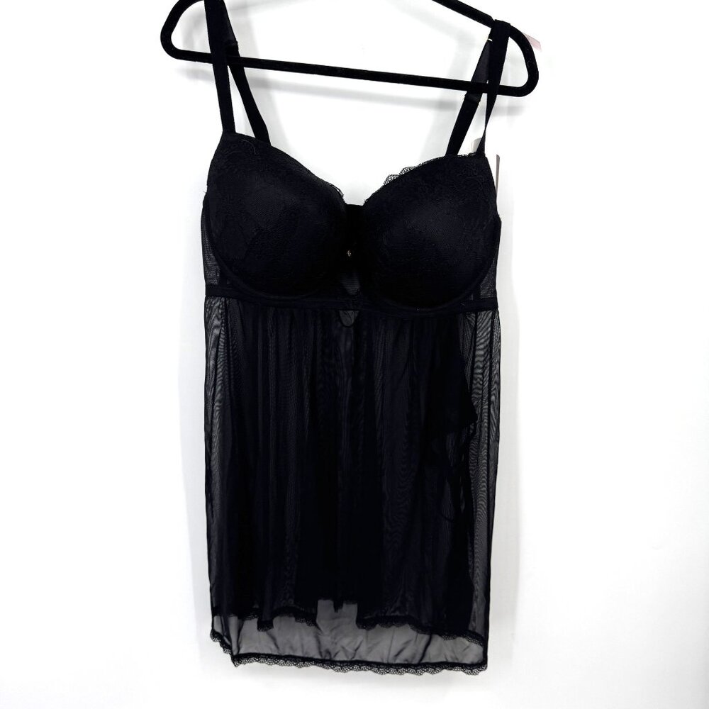 Daisy Fuentes 2X Black Full Figure Push-Up Lace & Mesh Babydoll Lingerie baby do